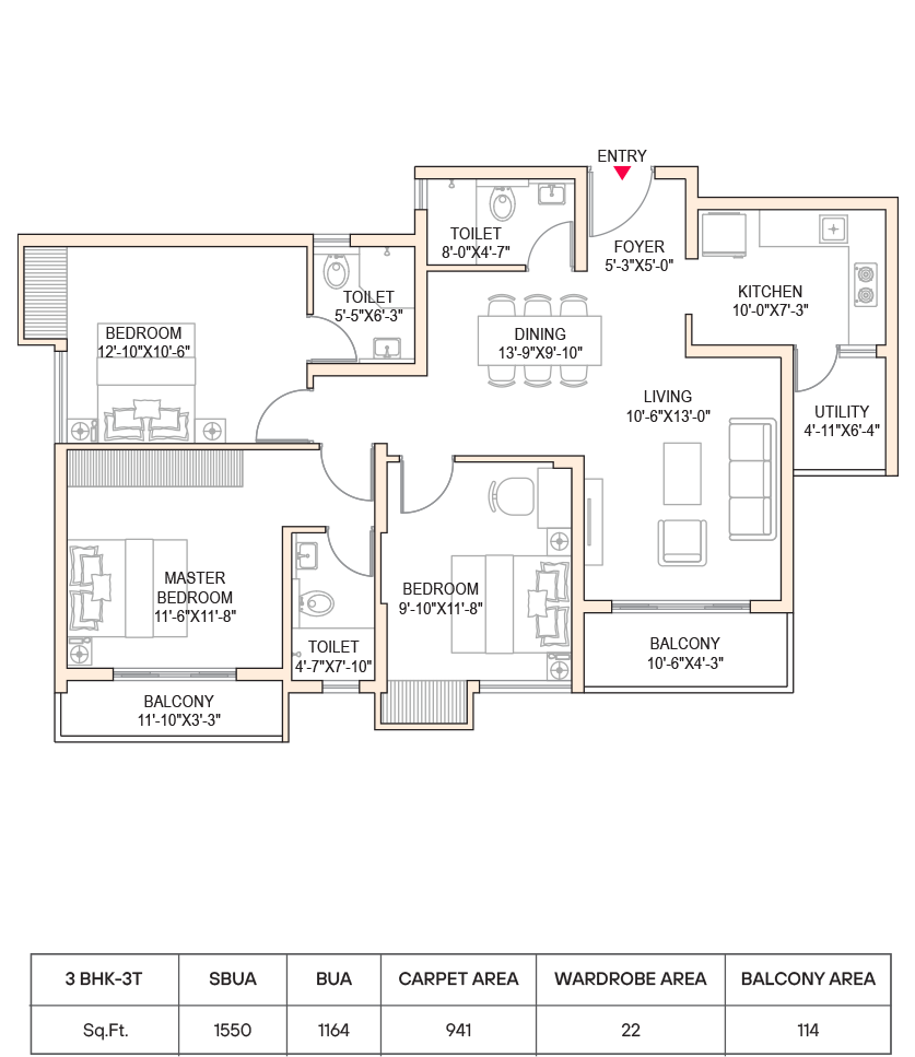 3 BHK Smart Floor Plan