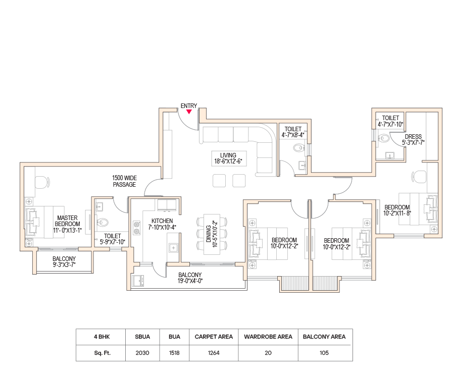 3 BHK 2T Floor Plan